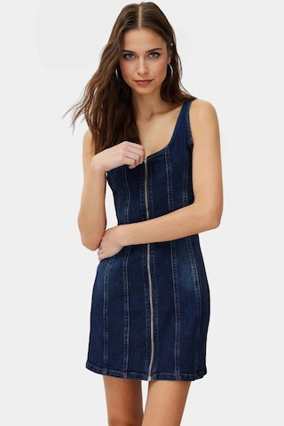 Ersefa Rahat Pamuklu Denim Mini Elbise Fitted Bisiklet Yaka Günlük Stil Mavi