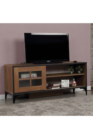 Revival Metal Ayaklı Tv Ünitesi 125Cm Meşe / Cam Sürgülü Kapaklı