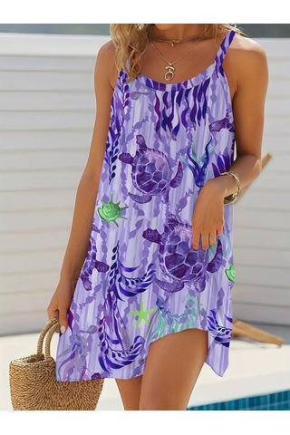 Kadın Askılı Yuvarlak Yaka Kaplumbağa Desenli Süprem Elbise Mor