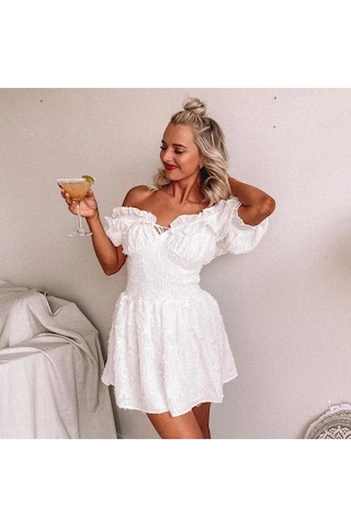 Fashion Cocktail Puff Kollu Tüylü Belden Lastikli Göğüs Bağlamalı Yazlık Doğal Bohem Şirin Yazlık Elbise Beyaz
