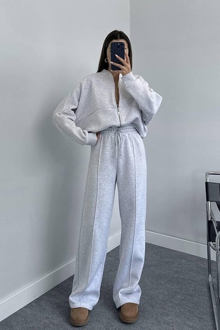 Dip Moda Kadın Pamuklu Kışlık Sweat Pantlon Eşofman Takımı Dpgts018 GRİ MELANJ