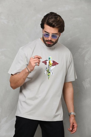 Barlashive Erkek Baskılı T-shirt Kısa Kol Bisiklet Yaka Regular Fit Rahat Kalıp Tişört - Gri Çok Renkli