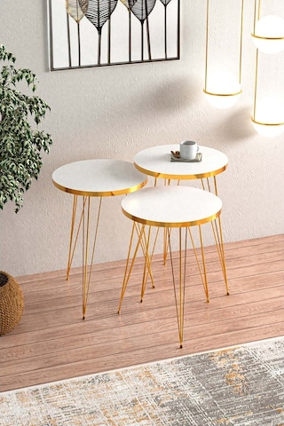 Beyaz Gold Metal Ayaklı Gold Detaylı Zigon Sehpa