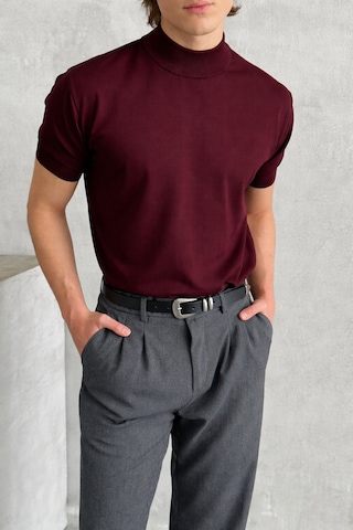 Erkek Oversize Yarım Balıkçı Triko Kısa Kol T-shirt Bordo