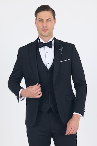 İmza Siyah Mono Yaka Tek Düğme Slim Fit Yelekli Ceremony Takım Elbise 1001250201 Siyah