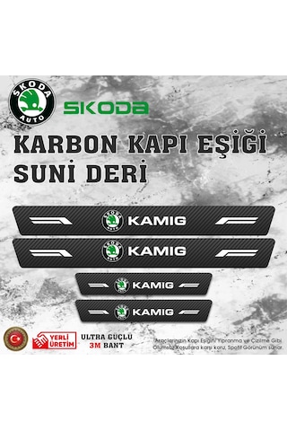Skoda Kamıg Uyumlu Deri Karbon Kapı Eşiği Koruyucu Bant 4 Adet
