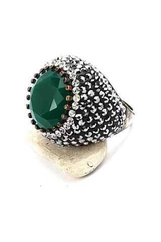 Kök Zümrüt Taşlı Swarovski Taş Detaylı Gümüş Tasarım Yüzük 19