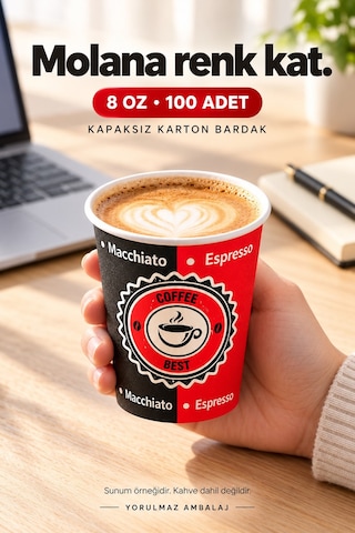 8 Oz Karton Bardak 100 Adet Sıcak Soğuk İçecek Uyumlu Tek Kullanımlık Kağıt Bardak Renkli