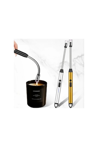 Elmpaly Usb Şarjlı Ark Çakmak Gümüş + Altın 2'li Set - Mumlar Barbekü Kamp İçin Kompakt Mutfak Aleti 170mah Pil Hızlı Ateşleme Altın