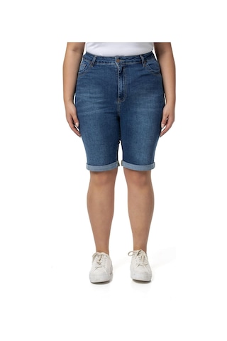 Büyük Beden Paçası Katlamalı Beş Cepli Denim Mavi Şort-mavi Mavi