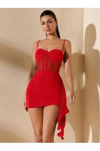 Angbutik Özel Şık Tasarım Kırmızı Korse Görünümlü Mini Club Elbisesi