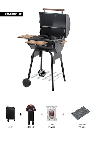 Grillord 50 Kömürlü Barbekü 1 Adet Döküm Izgaralı + Hediye Seti Siyah