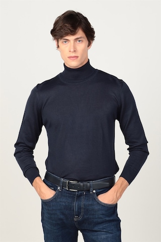Tudors Slim Fit Dar Kesim Tam Boğazlı Yaka Düz Yün Erkek Kazak-23917 Lacivert