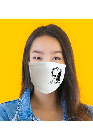 Atatürk Desenli Yıkanabilir Maske Beyaz - Siyah
