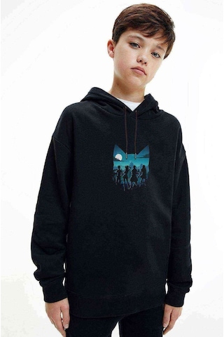 Silhouette Cat Baskılı Unisex Çocuk Kapüşonlu Siyah Sweatshirt Siyah