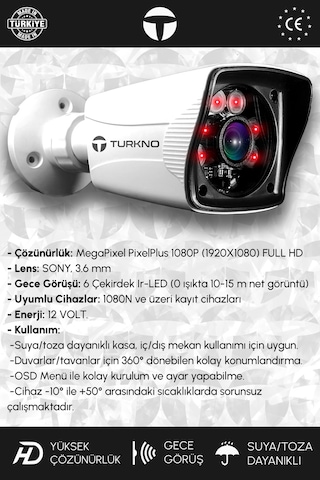 Turkno 3 Kameralı Karia 3 Dış Kamera Set 250 GB HDD Full HD Gece Görüşlü Güvenlik Kamerası Sistemi