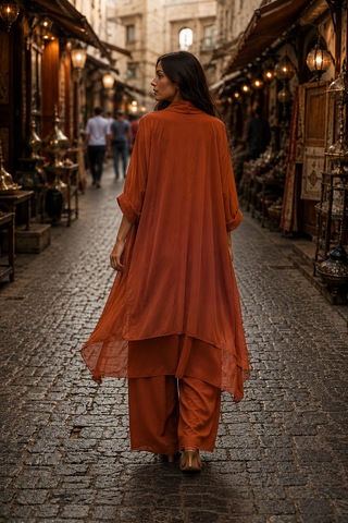 Bohem Stil Italyan Ipek Detaylı Oversize Kap Bluz- Wes Pantolon Takım Kiremit