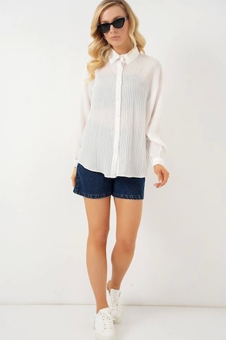 Defymoda Uzun Oversize Gömlek 20320 - Beyaz Beyaz