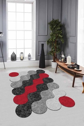 Kırmızı Daire Desenli Kaymaz Taban Lazer Kesim Halı Lz27n11