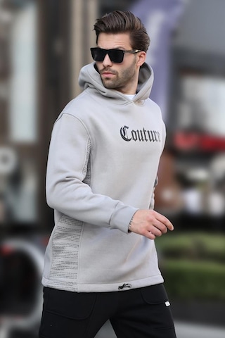 Madmext Boyalı Gri Kapüşonlu Baskılı Erkek Sweatshirt 7090 Gri