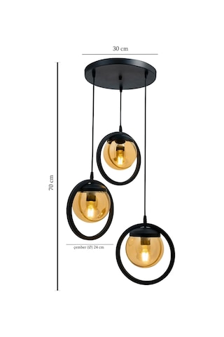 Halka 3 Lu Tepsi. Glop Bal Rengi Camlı Siyah Avize. Salon, Mutfak Beyaz