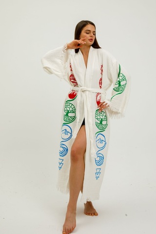 Befera Müslin Kimono Pamuklu Hayat Ağacı Baskılı Desenli Bornoz Kaftan Sabahlık Beyaz