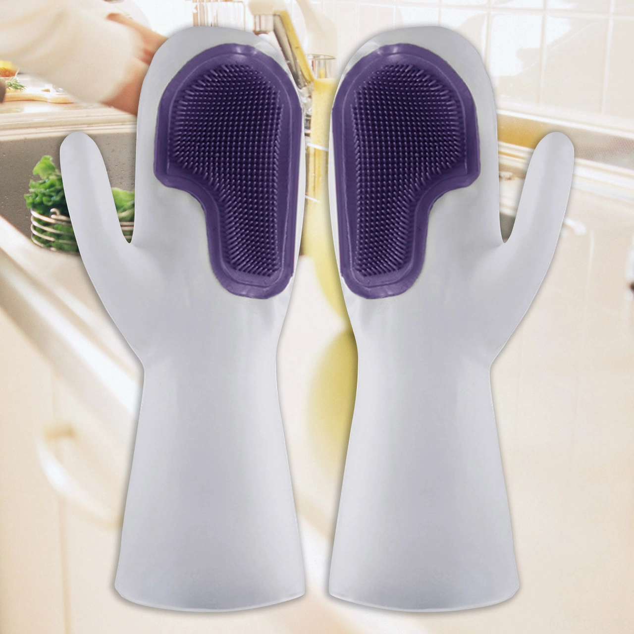 Dofolink Pvc Silikon Fırça Eldivenleri - Mutfak Temizliği İçin Su Geçirmez, Isıya Dayanıklı, Çok Fonksiyonlu El Koruması Mor