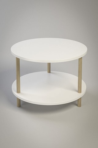 Yuvarlak Orta Sehpa Ahşap Ayaklı Sehpa Iki Raflı Sehpa Dekoratif Sehpa Gazetelikli - Beyaz - 60cm Beyaz