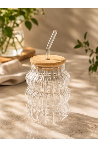 Bambu Kapaklı Pipetli Cam Bardak 580 Ml Şeffaf