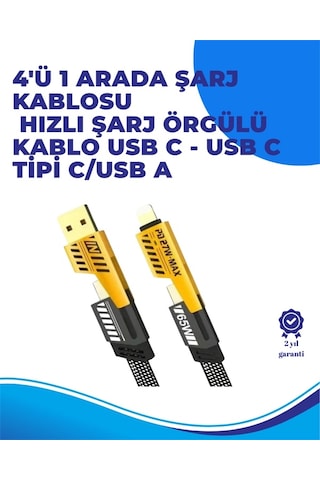 65w 4'ü 1 Arada Çoklu Şarj Kablosu - Usb-c, Usb-a, Lightning, Veri Ve Şarj Desteği