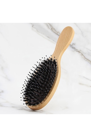Vkemall Ahşap Saplı Piliç Tüyü Hava Yastığı Saç Fırçası - Saç Bakımı Ve Stilleri İçin Nemlendirici Kıllı Tıraş Fırçası