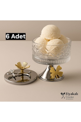 6'lı Ayaklı Gümüş Timeless Cam Magnolia,dondurma Kasesi,kapaklı Reçel Kasesi, Şekerlik, Çerezlik Gümüş