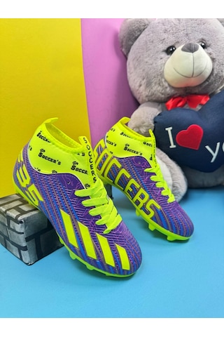 Erkek Çocuk Halısaha Kranpon Çoraplı Çivili Futbol Spor Ayakkabısı F35kr Mor-sarı