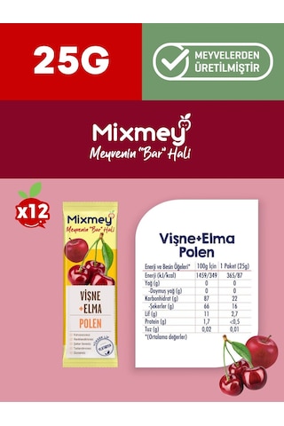 Mixmey Bee Polen Vişne Meyve Barı 12 Adet | Sağlıklı Atıştırmalıklar – Glutensiz Koruyucusuz 25gr X 12 Adet