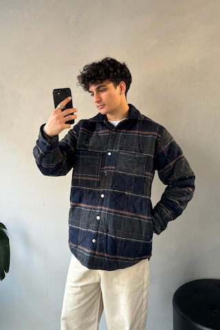 Flaw Ekose Desen Cep Detay Oversize Ceket Lacivert Lacivert