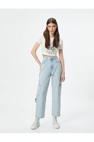 Koton Kargo Kot Pantolon Straight Jean Yüksek Bel Düz Paça Cepli Pamuklu - Eve Jean Bleach 4sal40011md Açık Mavi