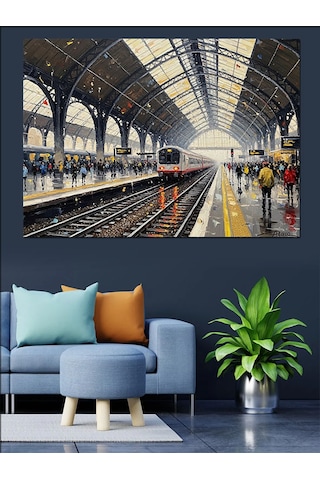 Gar İçinde Bekleyen Modern Tren Dekoratif Kanvas - Mdf Ahşap Tablo