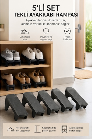 Tekli Ayakkabı Rampası Düzenleyici 5'li - Dolap İçi Ayakkabı Organizer Siyah