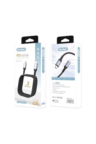 Go-des Gd-uc639 Type-c To Lightning Pd Hızlı Şarj Kablosu 27w 3m Siyah Siyah