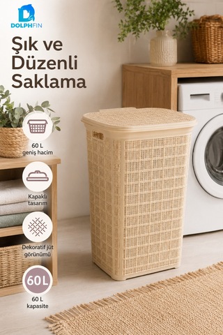 Jute Kirli Çamaşır Sepeti 60 L 46x40x58 Cm Oyuncak Saklama Taşıma Banyo Düzenleyici Sepet Bej