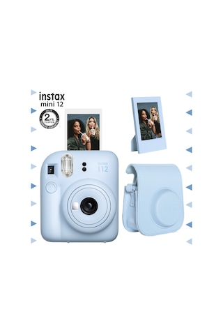 Fujifilm Instax Mini 12 Fotoğraf Makinesi + Çerçeve + Deri Kılıf Seti Mavi