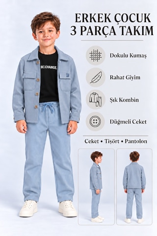 Ahengim Şık Erkek Çocuk 3 Lü Giyim Seti Ceket, Baskılı Tişört Ve Pantolon Takımı Ak6218 Bebe Mavi