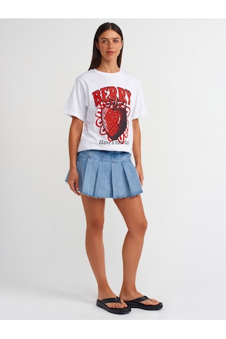 Dilvin Baskılı Bisiklet Yaka T-shirt Beyaz