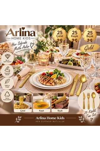 25 Kişilik Gold Plastik Çatal-kaşık-bıçak Seti 75 Parça Altın