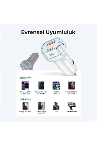 Bx-ccp36wt 38w Type-c Pd 20w Ve Usb-a Qc 3.0 18w Çift Portlu Led Işıklı Araç Şarj Cihazı Beyaz 15/14/13/12/11/x/, İpad, Galaxy S24/s23/s22/s21/s20 Ve Daha Fazlasıyla Uyumlu Bxccp36wt