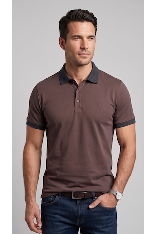 Efor Comfort Fit Rahat Kalıp %100 Pamuk Kıvrılmaz Yaka Lacivert Kahverengi Polo Yaka Tişört Ts 931 Laci-kahve