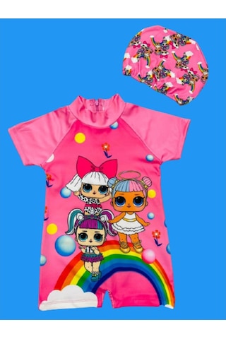 Lolliboomkids Sevimli Lol Bebek Gökkuşağı Hassas Ten Kısa Kollu Hipster Mayo Takımı Bone Dahil 2' li Set Pembe