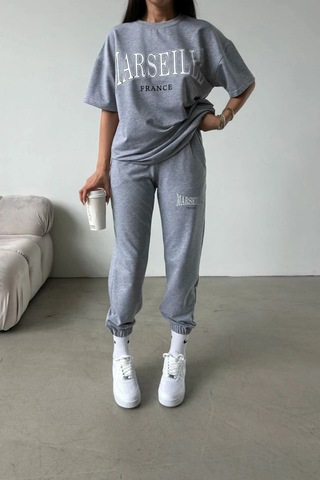 Marseille T-shirt Eşofman Altı Jogger - Gri Baskılı Alt Üst Eşofman Takımı Oversize Bisiklet Yaka Gri