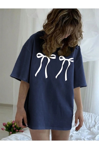Uyguntarz Unisex Çift Kurdele Tasarım Basklı Tshirt Lacivert