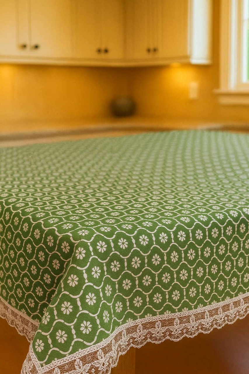 Klasik Ve Zarif Yeşil Sofra Masa Örtüsü Lüks Dantelli Kenar Detaylı Modern Şık Ve Kaliteli Kumaş Yeşil
